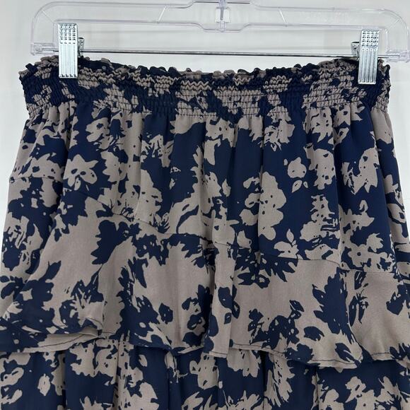 Ramy Brook Darla Navy Taupe Floral Tiered Ruffle Silk Mini Skirt Womens Size Med - Picture 4 of 11